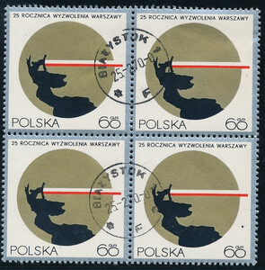 znaczek pocztowy 1839 w czwórce kasowana 25 rocznica wyzwolenia Warszawy