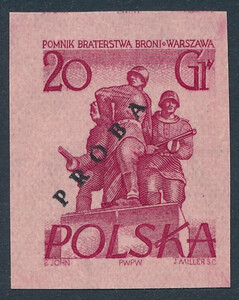 764 Nowodruk z nadrukiem Próba P 1 czerwonoliliowa czysta** Pomniki Warszawy