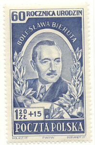 0596 a papier średni biały gładki guma biała czysty** 60 rocznica urodzin Bolesława Bieruta