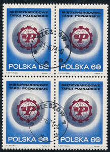 znaczek pocztowy 1944 w czwórce kasowana XI Międzynarodowe Targi Poznańskie