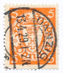 WMG 187 bw czerwonopomarańczowy kasowany Wydanie obiegowe. Herb Gdańska w owalu