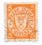 WMG 187 aw czerwonawopomarańczowy kasowany Wydanie obiegowe. Herb Gdańska w owalu