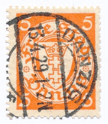  WMG 187 bw czerwonopomarańczowy kasowany Wydanie obiegowe. Herb Gdańska w owalu