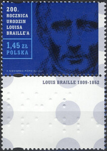 4257 przywieszka pod znaczkiem czysty** 200. rocznica urodzin L.Braille'a