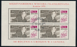 znaczek pocztowy 1850 Blok 65 kasowany Międzynarodowa Wystawa Filatelistyczna "Kraków1970"