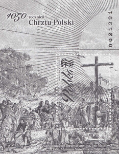 4677 Blok 284 ND czarnodruk uszkodzony numerator 21391 czysty** 1050. rocznica chrztu Polski