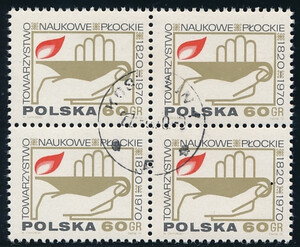 znaczek pocztowy 1862 w czwórce kasowana 150 rocznica Towarzystwa Naukowego Płockiego