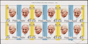 2951-2952 Arkusik typ III a brak numeru z usterką B1 czysty** III wizyta papieża Jana Pawła II w Polsce