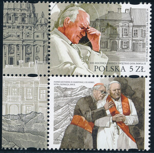 5055 przywieszka pod znaczkiem margines lewy czyste** 100 rocznica urodzin Świętego Jana Pawła II