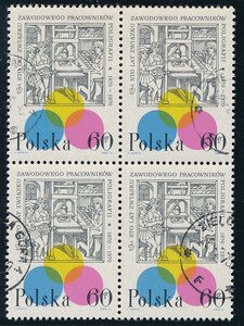 znaczek pocztowy 1840 w czwórce kasowany 100-lecie Związku Zawodowego Pracowników Poligrafii